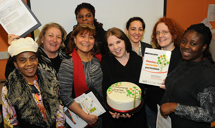 Attendees at the launch of the Enterprising Libraries New Biz programme with local business owner Katy Davies (centre)